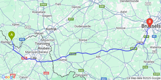 Map: Brussels Midi Train Station to Nieuwkerke