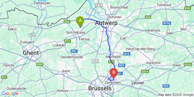 Map: Brussels Zaventem Airport (BRU) to Nieuwkerken-Waas