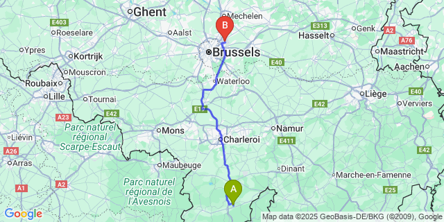 Map: Brussels Zaventem Airport (BRU) to Nismes