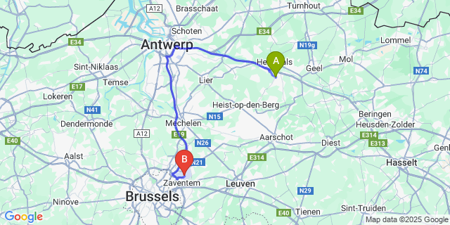 Map: Brussels Zaventem Airport (BRU) to Noorderwijk