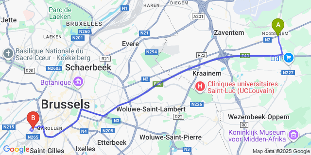 Map: Brussels Midi Train Station to Nossegem