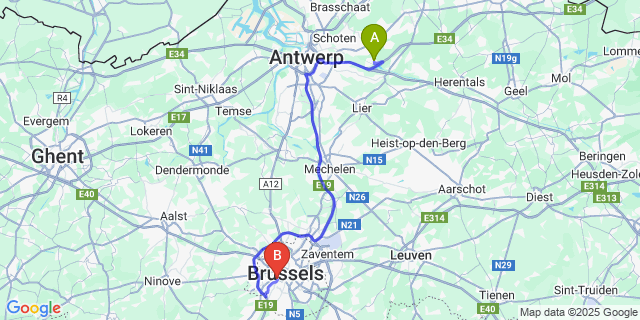 Map: Brussels Midi Train Station to Oelegem