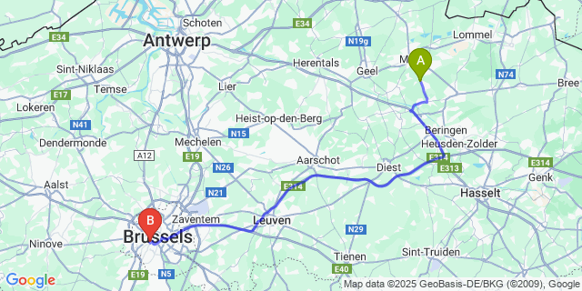 Map: Brussels Midi Train Station to Olmen