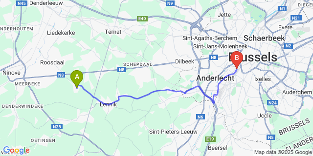 Map: Brussels Midi Train Station to Onze-Lieve-Vrouw-Lombeek