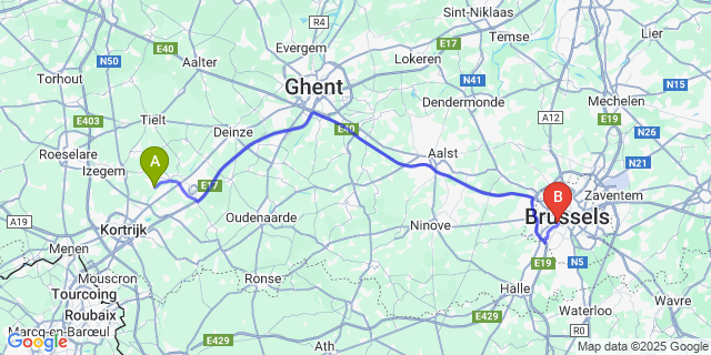 Map: Brussels Midi Train Station to Ooigem