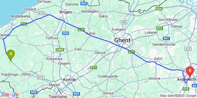 Map: Brussels Midi Train Station to Oostvleteren