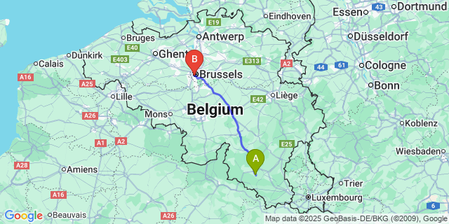 Map: Brussels Midi Train Station to Orgeo