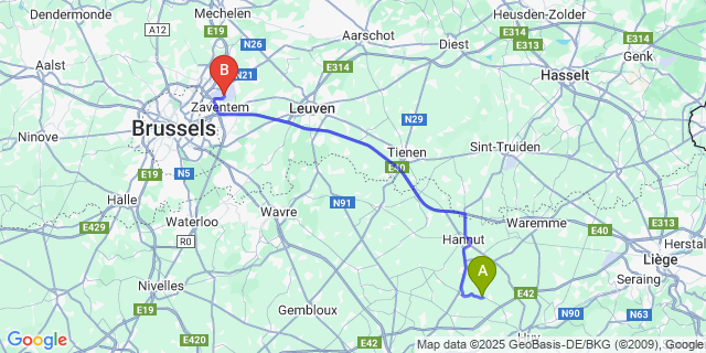 Map: Brussels Zaventem Airport (BRU) to Oteppe