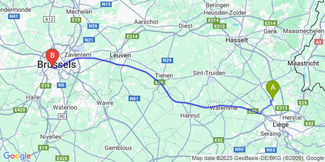 Map: Brussels Midi Train Station to Paifve