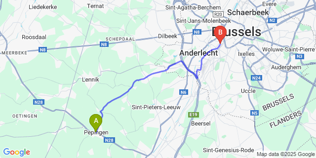 Map: Brussels Midi Train Station to Pepingen