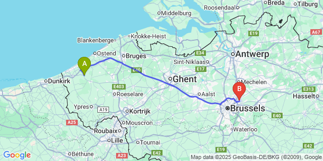 Map: Brussels Zaventem Airport (BRU) to Pervijze