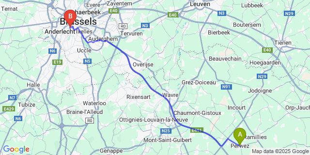 Map: Brussels Midi Train Station to Perwez
