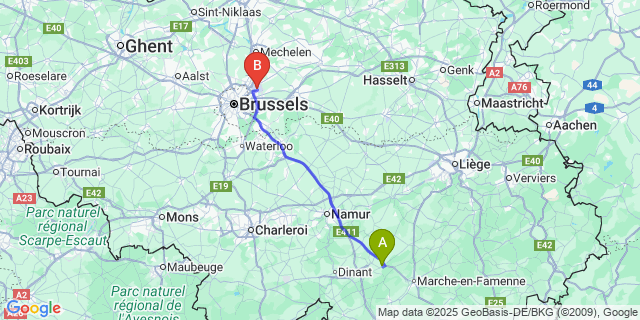 Map: Brussels Zaventem Airport (BRU) to Pessoux