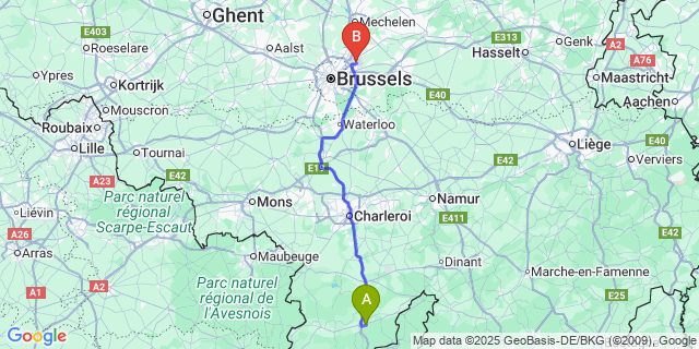 Map: Brussels Zaventem Airport (BRU) to Petigny