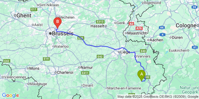 Map: Brussels Zaventem Airport (BRU) to Petit-Thier