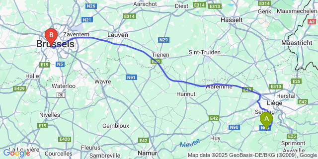 Map: Brussels Midi Train Station to Plainevaux