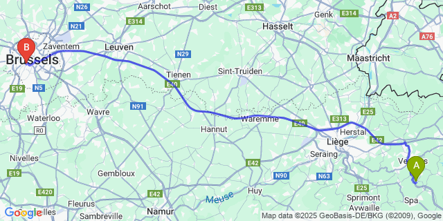 Map: Brussels Midi Train Station to Polleur