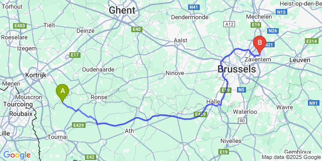 Map: Brussels Zaventem Airport (BRU) to Pottes