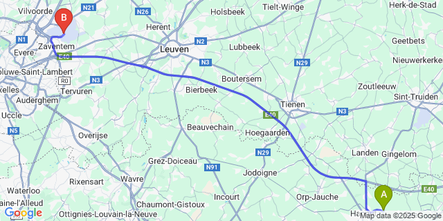 Map: Brussels Zaventem Airport (BRU) to Poucet