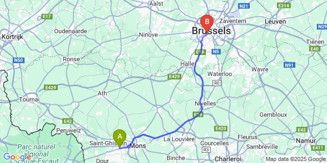 Map: Brussels Midi Train Station to Quaregnon