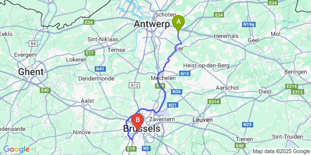 Map: Brussels Midi Train Station to Ranst
