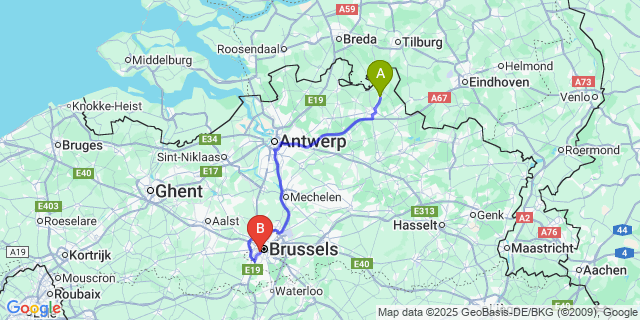 Map: Brussels Midi Train Station to Ravels