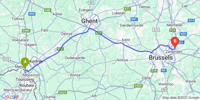 Map: Brussels Zaventem Airport (BRU) to Rekkem