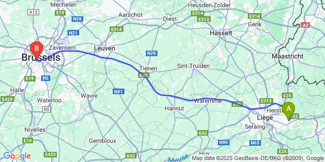Map: Brussels Midi Train Station to Retinne