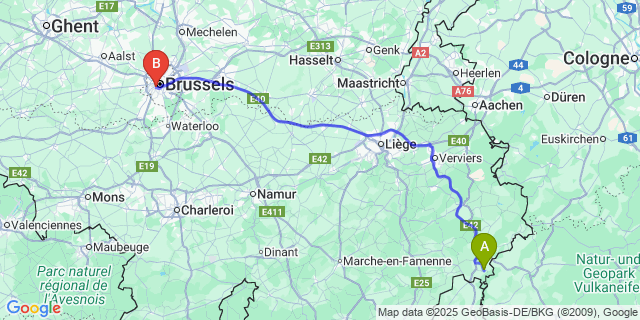 Map: Brussels Midi Train Station to Reuland