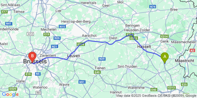 Map: Brussels Midi Train Station to Rijkhoven