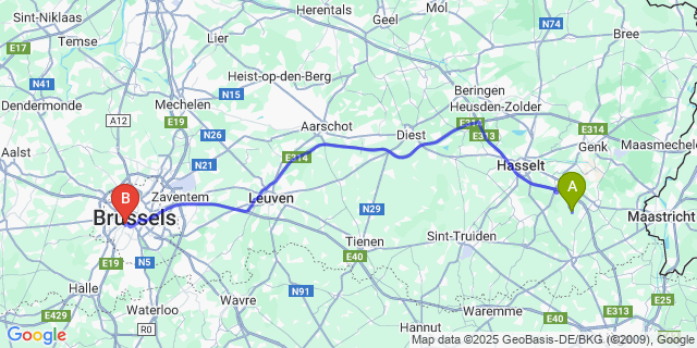 Map: Brussels Midi Train Station to Romershoven