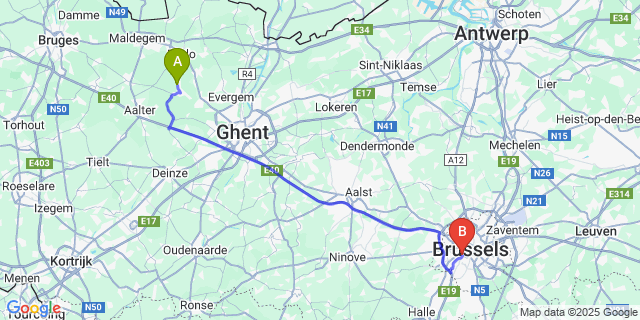 Map: Brussels Midi Train Station to Ronsele