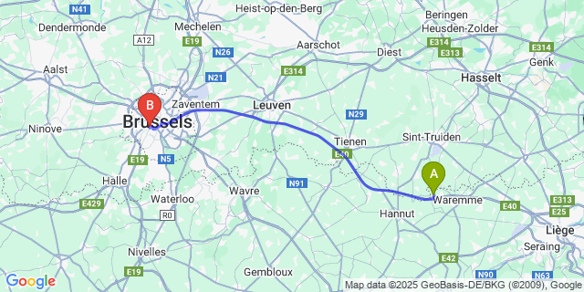 Map: Brussels Midi Train Station to Rosoux-Crenwick