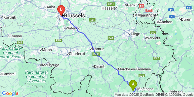 Map: Brussels Midi Train Station to Sibret