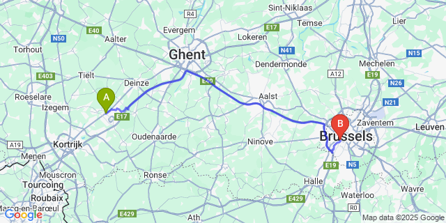 Map: Brussels Midi Train Station to Sint-Eloois-Vijve