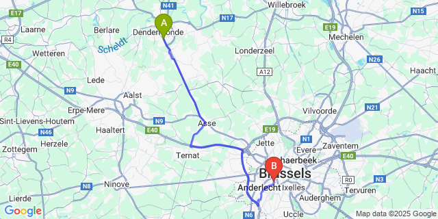Map: Brussels Midi Train Station to Sint-Gillis-Bij-Dendermonde