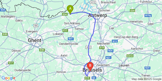 Map: Brussels Midi Train Station to Sint-Gillis-Waas