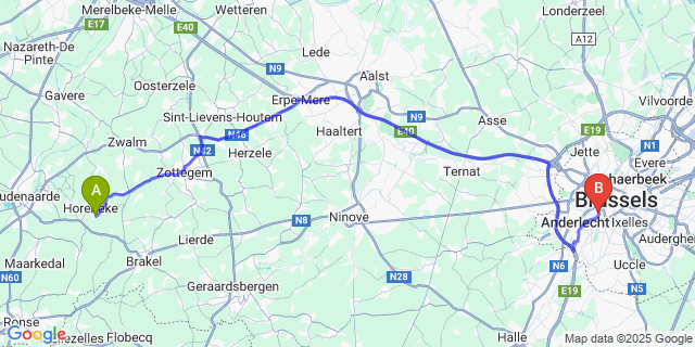 Map: Brussels Midi Train Station to Sint-Kornelis-Horebeke
