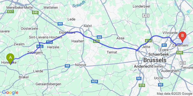 Map: Brussels Zaventem Airport (BRU) to Sint-Kornelis-Horebeke