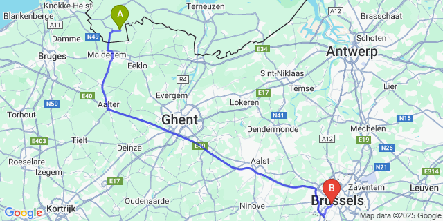 Map: Brussels Midi Train Station to Sint-Kruis