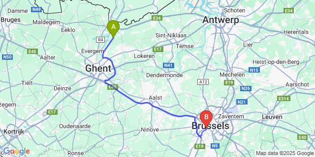 Map: Brussels Midi Train Station to Sint-Kruis-Winkel