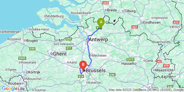 Map: Brussels Midi Train Station to Sint-Lenaarts