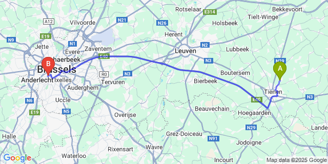Map: Brussels Midi Train Station to Sint-Margriete-Houtem