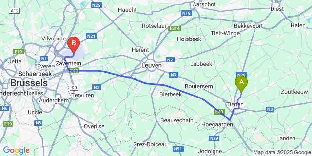 Map: Brussels Zaventem Airport (BRU) to Sint-Margriete-Houtem