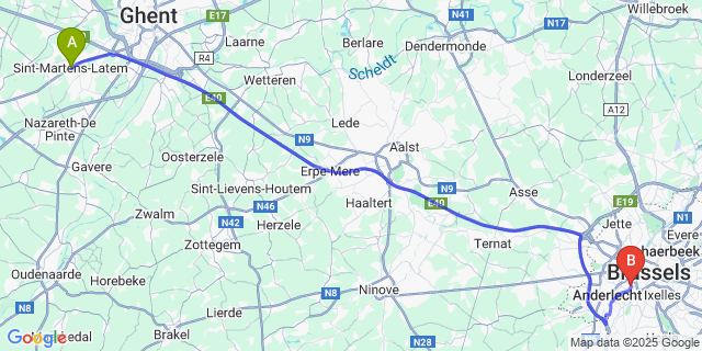 Map: Brussels Midi Train Station to Sint-Martens-Latem