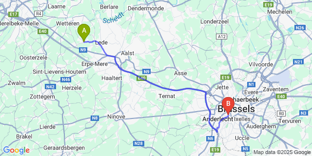 Map: Brussels Midi Train Station to Smetlede