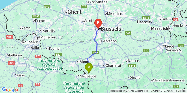 Map: Brussels Midi Train Station to Solre-Sur-Sambre