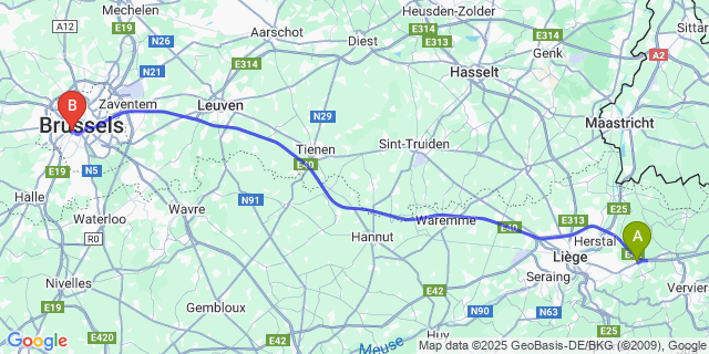 Map: Brussels Midi Train Station to Soumagne