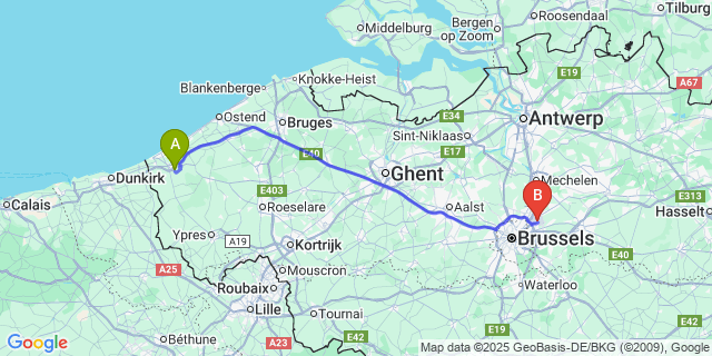 Map: Brussels Zaventem Airport (BRU) to Steenkerke