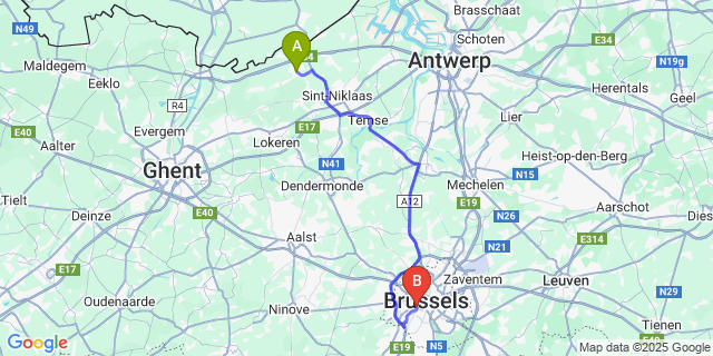 Map: Brussels Midi Train Station to Stekene